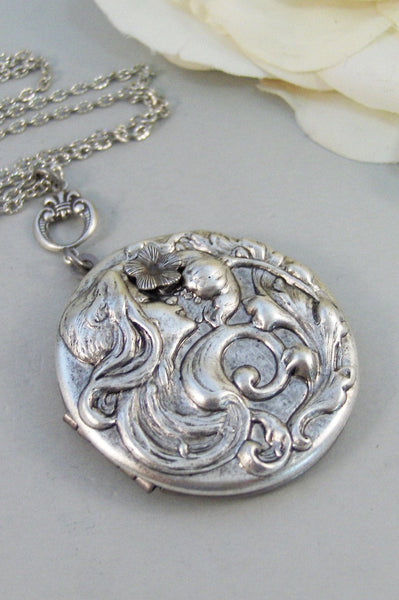 Woodland Goddess,Locket,Silver Locket,Girl,Goddess,Antique Locket,Night,Woodland,Jewelry. Handmade jewelry by valleygirldesigns.