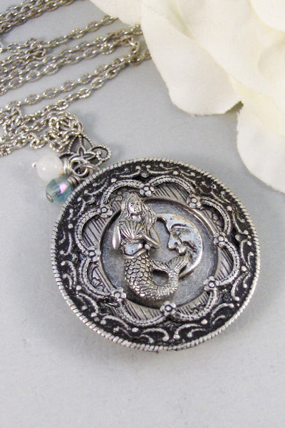 Mermaid's Moon,Locket,Mermaid,Moon, Mermaid Locket,Antique Locket,Silver Locket,Goddess,Ocean Locket,Handmade jewelry by valleygirldesigns