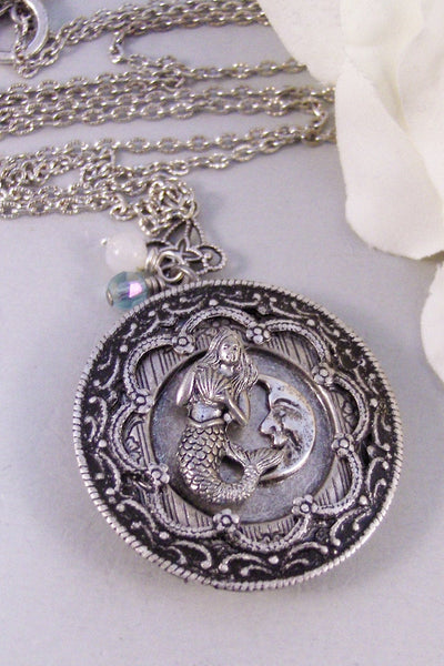 Mermaid's Moon,Locket,Mermaid,Moon, Mermaid Locket,Antique Locket,Silver Locket,Goddess,Ocean Locket,Handmade jewelry by valleygirldesigns