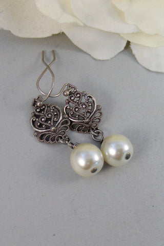 SALE Allie,Silver Earrings,Pearl,Antique,Vintage Style,Wedding,Bride,Antique Earrings,Pearl Earrings. Handmade jewelery by valleygirldesign