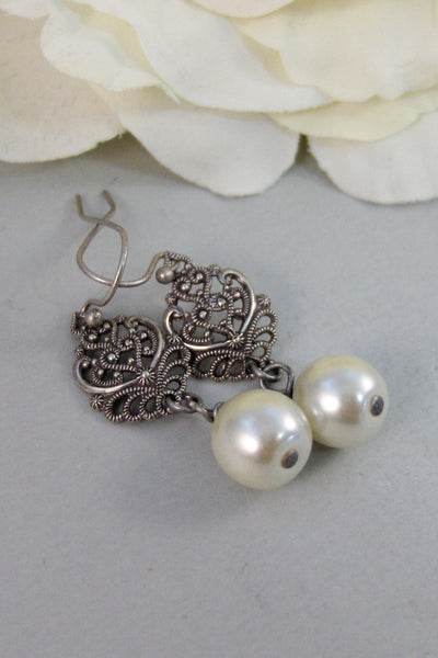 Allie,Silver Earrings,Pearl,Antique,Vintage Style,Wedding,Bride,Antique Earrings,Pearl Earrings. Handmade jewelery by valleygirldesign