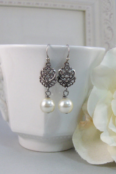 Allie,Silver Earrings,Pearl,Antique,Vintage Style,Wedding,Bride,Antique Earrings,Pearl Earrings. Handmade jewelery by valleygirldesign