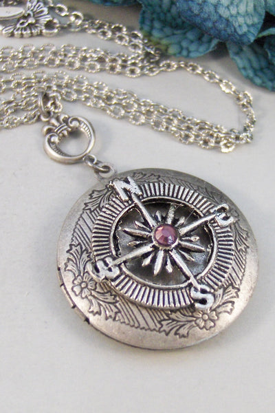 Birthstone Compass,Locket,Silver Locket,Compass,Directioin,Map,Antique Locket,Bird,Personalize,Birthstone. jewelry by valleygirldesigns.