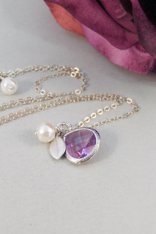 Lavender Blossom,Purple Necklace,Amethyst Necklace,Pearl necklace,Leaf Necklace,Amethyst Jewelry,Amethyst Birthstone,February Birthstone