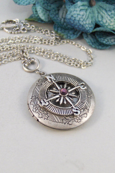 Birthstone Compass,Locket,Silver Locket,Compass,Directioin,Map,Antique Locket,Bird,Personalize,Birthstone. jewelry by valleygirldesigns.