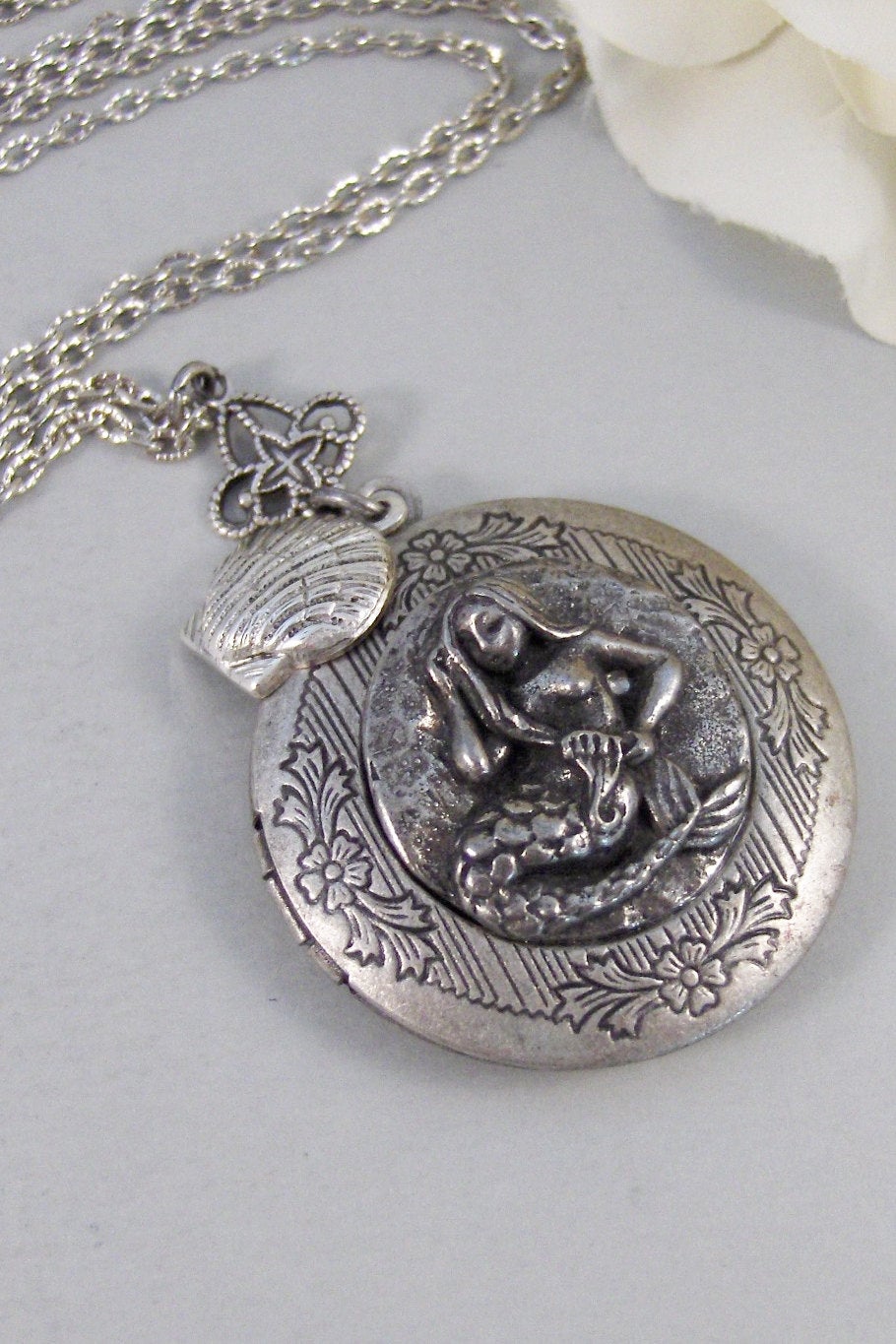 LIttle Mermiad,Locket,Mermaid,Shell,Mermaid Locket,Antique Locket,Silver Locket,Goddess,Ocean Locket,Handmade jewelry by valleygirldesigns