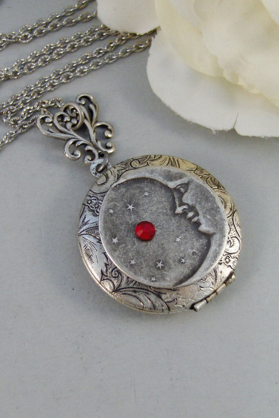 Luna's Star,Locket,Silver Locket,Girl,Moon,Goddess,Star,Necklace,Antique Locket,Luna,Birthstone. Handmade jewelry by valleygirldesigns.