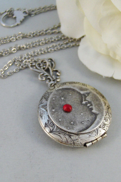 Luna's Star,Locket,Silver Locket,Girl,Moon,Goddess,Star,Necklace,Antique Locket,Luna,Birthstone. Handmade jewelry by valleygirldesigns.