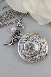 Pink Tink,Locket,Fairy,Fairy Locket,Antique Locket,Tinkerbell,Silver Locket,Flower,Pink Locket, Locket,Handmade jewelry by valleygirldesigns