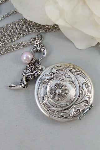 Pink Tink,Locket,Fairy,Fairy Locket,Antique Locket,Tinkerbell,Silver Locket,Flower,Pink Locket, Locket,Handmade jewelry by valleygirldesigns