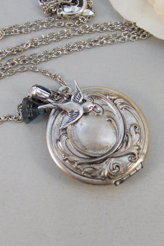 Sparrows Maiden,Locket,Silver Locket,Flower,Blue,Sapphire,Birthstone,Bird,Antique Locket,Floral,Jewelry.Jewelry by valleygirldesigns.