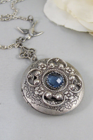 Tranquility,Locket,Antique Locket,Silver Locket,Bird,Sapphire,Blue,Ocean,Bird Locket,Bird Jewelry. Handmade jewelry by Valleygirldesigns.