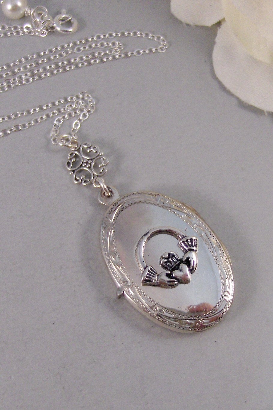 Graceful Claddagh,Locket,Sterling Silver Locket,Claddagh Locket,Silver Necklace,Claddagh,Irish Locket.Handmade jewelery valleygirldesigns.