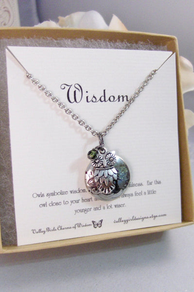 Wisdom,Necklace,Locket,Silver,Owl Necklace,Owl,Birthstone,Personalize,Silver Locket,Antique.Jewelry by valleygirldesigns.