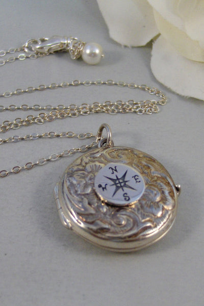 Sterling Compass,Locket,Silver Locket,Sterling Silver Locket,Sterling Silver,Compass,Wedding Jewelry. Handmade jewelry by valleygirldesigns.