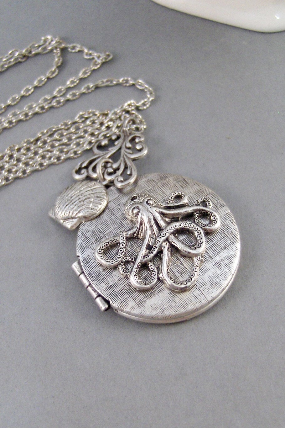 Enchanted Octopus,Locket,Silver Locket,Flower,Octopus,Ocean,Antique Locket,Shell,Octopus Necklace.Handmade jewelry by valleygirldesigns.