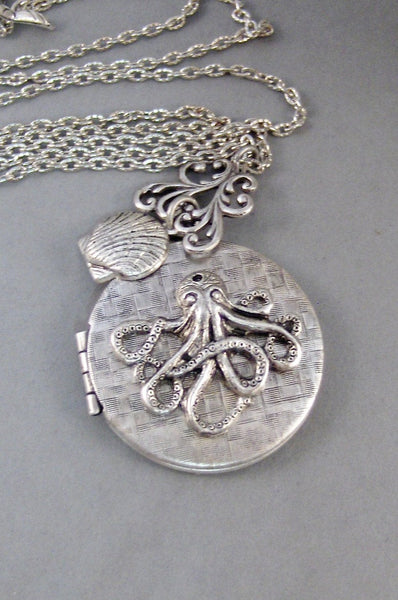 Enchanted Octopus,Locket,Silver Locket,Flower,Octopus,Ocean,Antique Locket,Shell,Octopus Necklace.Handmade jewelry by valleygirldesigns.