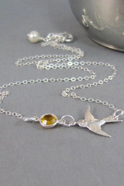 Sparkle Sparrow,Necklace,Sterling Silver,Bird,Bird Necklace,Birthstone,Personalize,Sterling Silver,Bridesmaid Gift,April, valleygirldesigns.