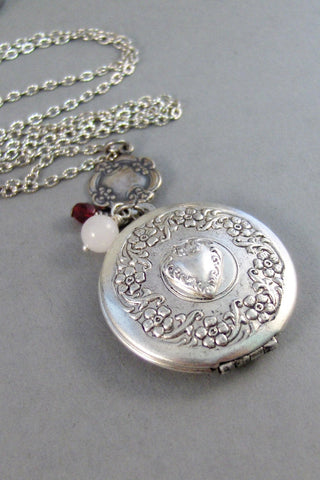 SALE/Love Potion #9,Locket,Silver,Garnet,Red,Ruby,Love Spell,Perfume,Antique Locket,Jewelry,Scent. Handmade jewelry by valleygirldesigns.