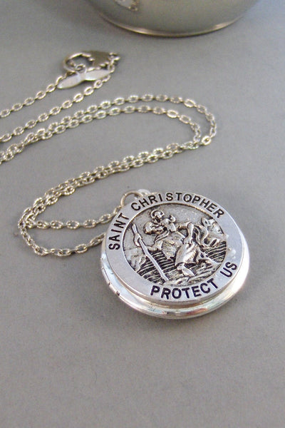 Saint Christopher,Necklace,Locket,Silver Locket,Mens,Saint,Chrisopher,Medal,Silver,Saint Chris,Saint,Mens Gift,Jewelry Valleygirldesigns.