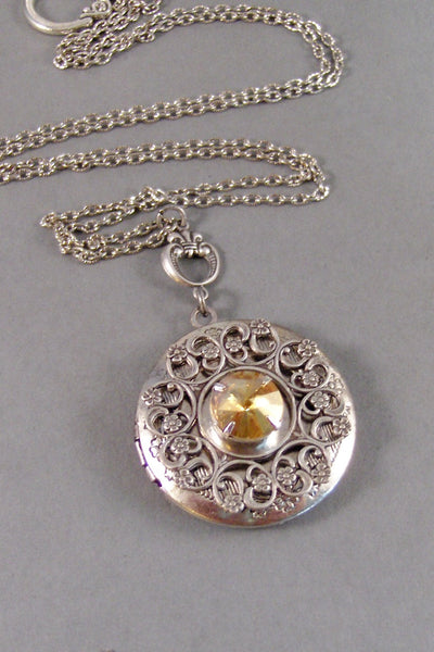 SALE Topaz Lace,Locket,Antique Locket,Silver Locket,Topaz Stone,Vintage Rhinestone,Vintage,Yellow Stone,Topaz Birthstone. Valleygirldesigns.