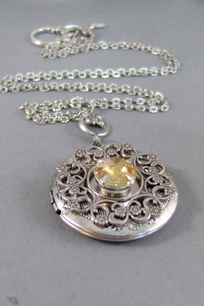 SALE Topaz Lace,Locket,Antique Locket,Silver Locket,Topaz Stone,Vintage Rhinestone,Vintage,Yellow Stone,Topaz Birthstone. Valleygirldesigns.
