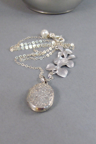 Sterling Orchids,Locket,Necklace,Silver Locket,Sterling Silver Locket,Orchid Necklace,Orchid,Flower Necklace,Flower . valleygirldesigns.