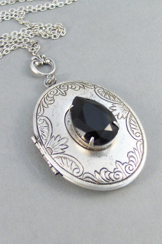Midnight,Locket,Antique Locket,Silver Locket,Black,Black Stone,Black Rhinestone,Vintage Rhinestone,Black Locket,Noir.Valleygirldesigns.