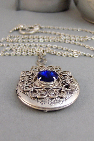 Blue Lace,Locket,Necklace,Silver Locket,Sapphire Stone,Blue Stone,Royal Blue,Blue Sapphire,Blue Locket,Sapphire Locket,Antique Locket,valley