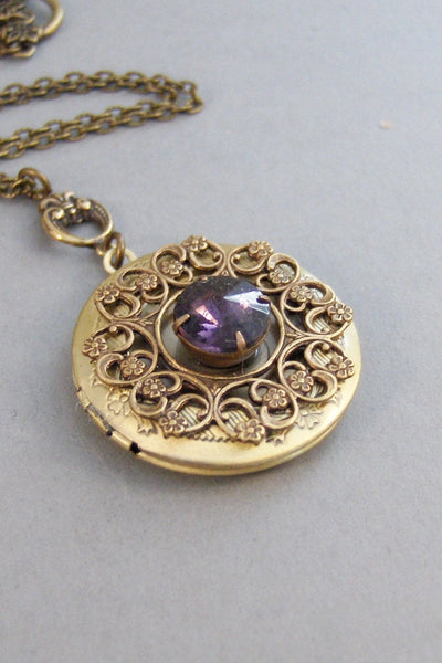 Amethyst Maiden,Brass Locket,Amethyst,Birthstone,February Birthstone,Purple Neckalce,Purple,Amethyst, valleygirldesigns on Etsy.