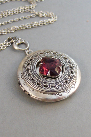 Garnet Amulet,Locket,Antique Locket,Silver Locket,Garnet Stone,Vintage Rhinestone,Vintage,Red Stone,Garnet Birthstone. Valleygirldesigns.