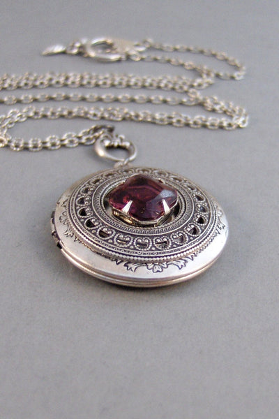 Garnet Amulet,Locket,Antique Locket,Silver Locket,Garnet Stone,Vintage Rhinestone,Vintage,Red Stone,Garnet Birthstone. Valleygirldesigns.