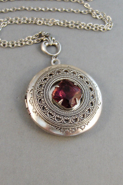 Garnet Amulet,Locket,Antique Locket,Silver Locket,Garnet Stone,Vintage Rhinestone,Vintage,Red Stone,Garnet Birthstone. Valleygirldesigns.