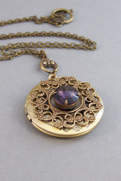 Amethyst Maiden,Brass Locket,Amethyst,Birthstone,February Birthstone,Purple Neckalce,Purple,Amethyst, valleygirldesigns on Etsy.