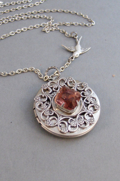 Garnet Sparrow,Locket,Bird,Bird Necklace,Necklace,Antique Locket,Silver Locket,Garnet,Vintage,Red Stone,Garnet Birthstone/Valleygirldesigns.