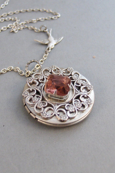 Garnet Sparrow,Locket,Bird,Bird Necklace,Necklace,Antique Locket,Silver Locket,Garnet,Vintage,Red Stone,Garnet Birthstone/Valleygirldesigns.