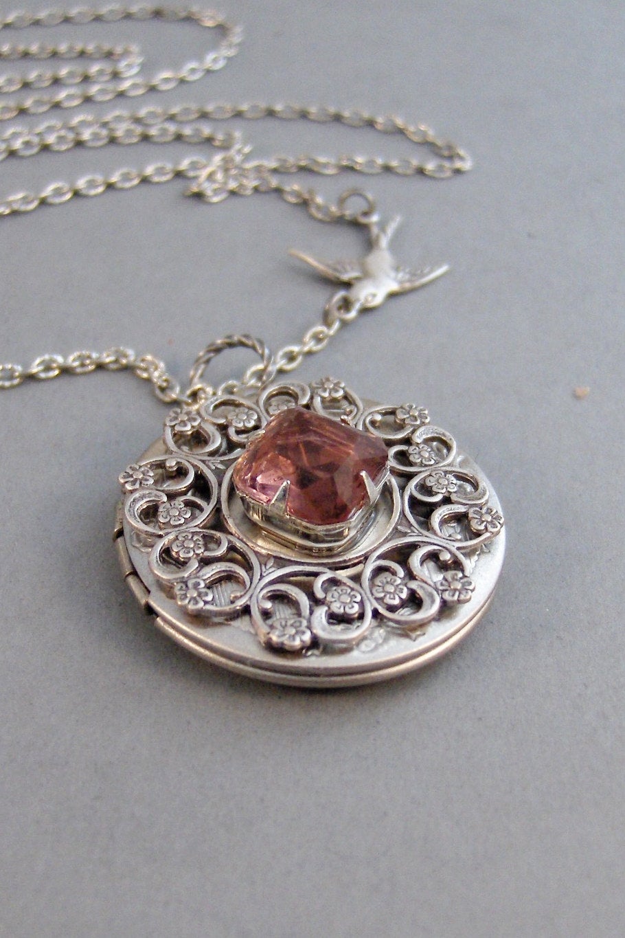 Garnet Sparrow,Locket,Bird,Bird Necklace,Necklace,Antique Locket,Silver Locket,Garnet,Vintage,Red Stone,Garnet Birthstone/Valleygirldesigns.