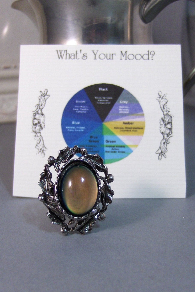 Mood Ring, Antique Silver Plated Finish, Adjustable Cocktail Statement  Wedding or Sorority Gift