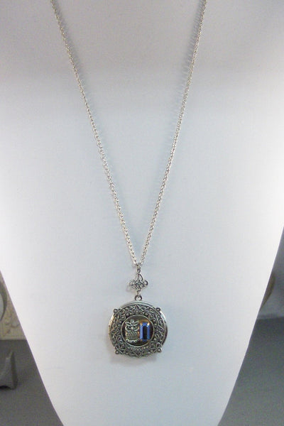 Moonlit Owl,Owl,Locket,Owl Locket,Owl Necklace,Owl,Silver,Vintage Locket,Vintage Stone,Vintage Rhinestone,Blue,Navy valleygirldesigns.