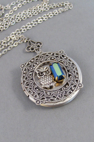 Moonlit Owl,Owl,Locket,Owl Locket,Owl Necklace,Owl,Silver,Vintage Locket,Vintage Stone,Vintage Rhinestone,Blue,Navy valleygirldesigns.
