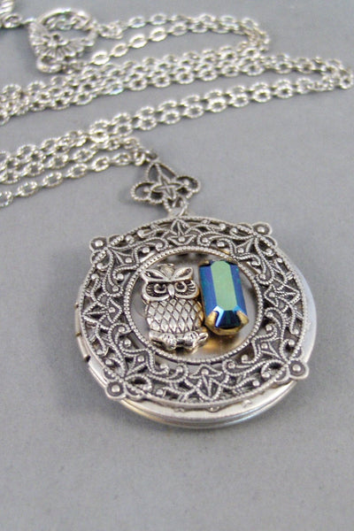 Moonlit Owl,Owl,Locket,Owl Locket,Owl Necklace,Owl,Silver,Vintage Locket,Vintage Stone,Vintage Rhinestone,Blue,Navy valleygirldesigns.