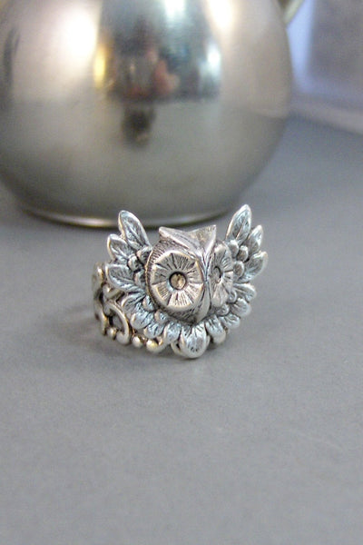 Winged Owl,Ring,Wings,Owl,Silver,Owl Ring,Antique Ring,Silver Ring,Spoon Ring,Owl,Woodland Ring,Wedding,Bridesmaid. By valleygirldesigns.