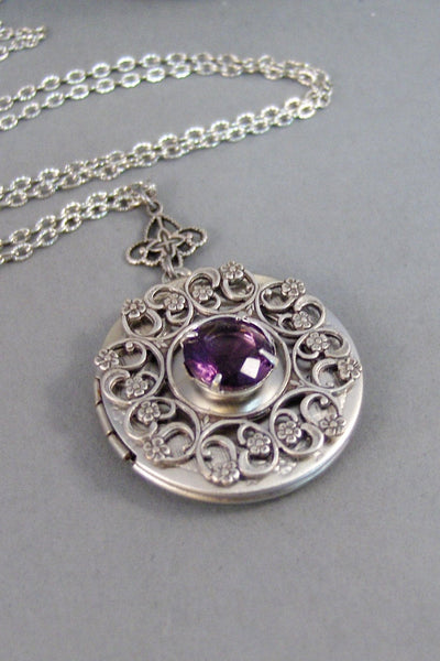 Amethyst Lace,Locket,Necklace,Amethyst,Purple,Antique Locket,Silver Locket,Birthstone,Amethyst Birthstone,Purple Stone. Valleygirldesigns.