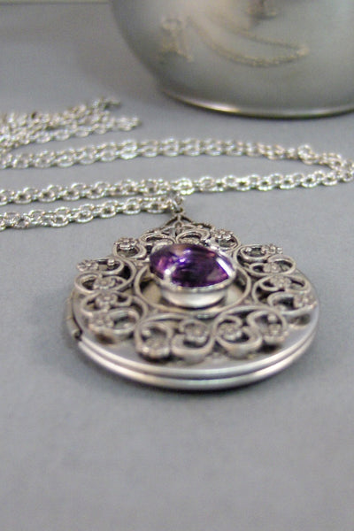 Amethyst Lace,Locket,Necklace,Amethyst,Purple,Antique Locket,Silver Locket,Birthstone,Amethyst Birthstone,Purple Stone. Valleygirldesigns.