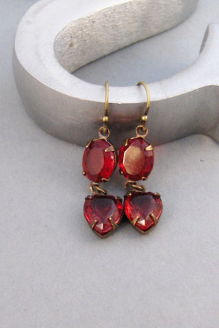 Red Hearts,Vintage Earrings,Ruby Earrings,Brass Earrings,Earrings,Red,Ruby,Red Earrings,Red Stone.Vintage Ruby,July, valleygirldesigns.