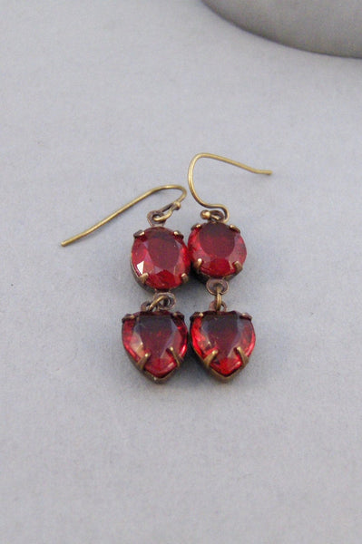 Red Hearts,Vintage Earrings,Ruby Earrings,Brass Earrings,Earrings,Red,Ruby,Red Earrings,Red Stone.Vintage Ruby,July, valleygirldesigns.