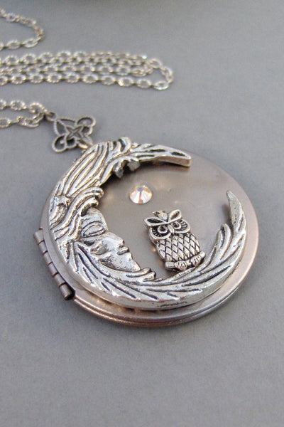 Goodnight Hoots,Necklace,Locket,Silver Locket,Birthstone,Owl,Moon Locket,Owl Locket,Owl necklace,Birthstone Necklace,Moon valleygirldesigns.