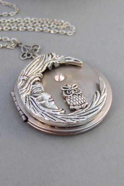 Goodnight Hoots,Necklace,Locket,Silver Locket,Birthstone,Owl,Moon Locket,Owl Locket,Owl necklace,Birthstone Necklace,Moon valleygirldesigns.