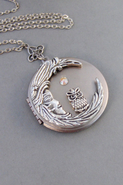 Goodnight Hoots,Necklace,Locket,Silver Locket,Birthstone,Owl,Moon Locket,Owl Locket,Owl necklace,Birthstone Necklace,Moon valleygirldesigns.