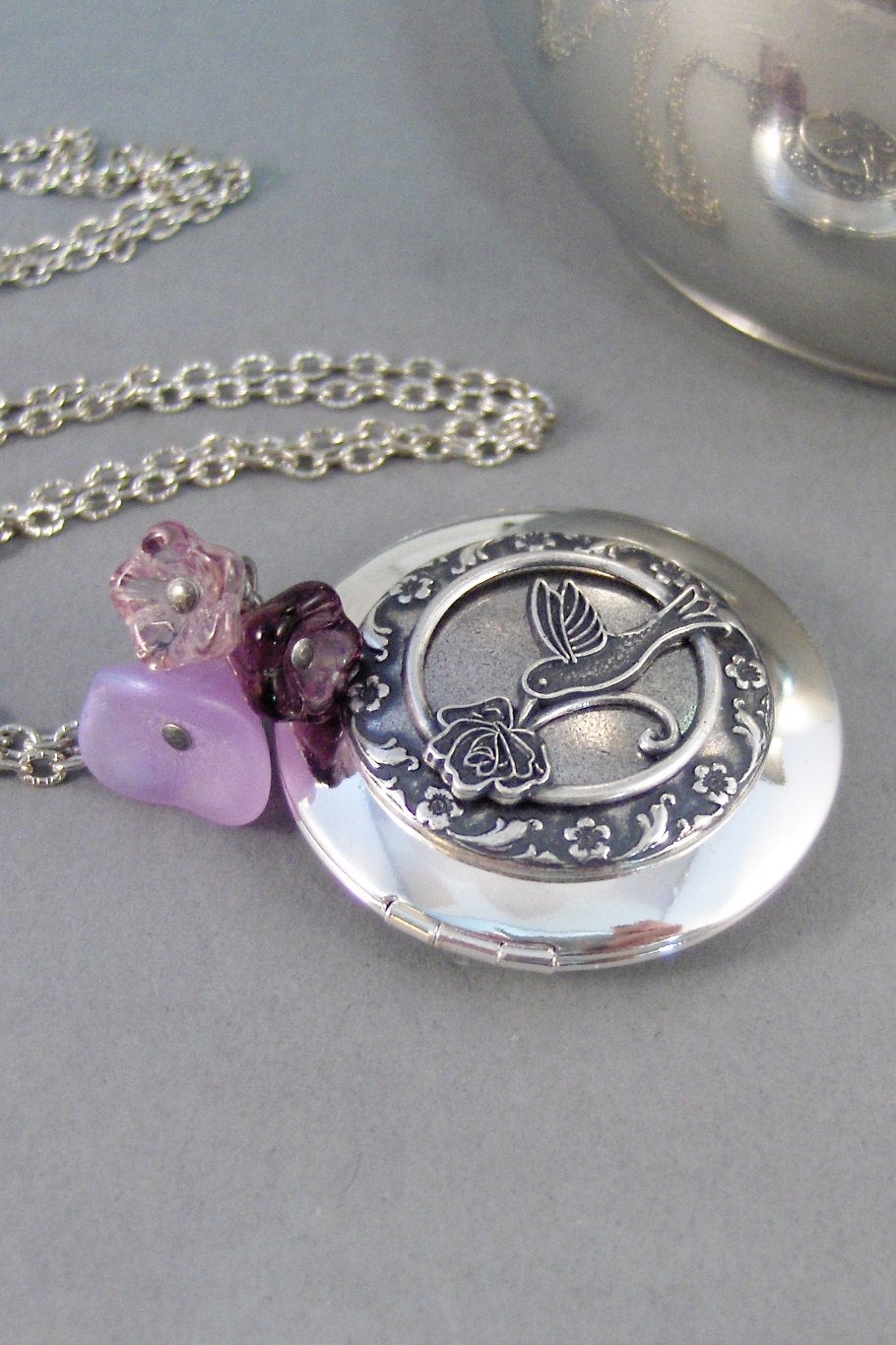 Lavender Hummingbird,Locket,Silver Locket,Flower,Bird,Purple,Lavender,Antique Locket,Floral,Jewelry. Handmade jewelry by valleygirldesigns.